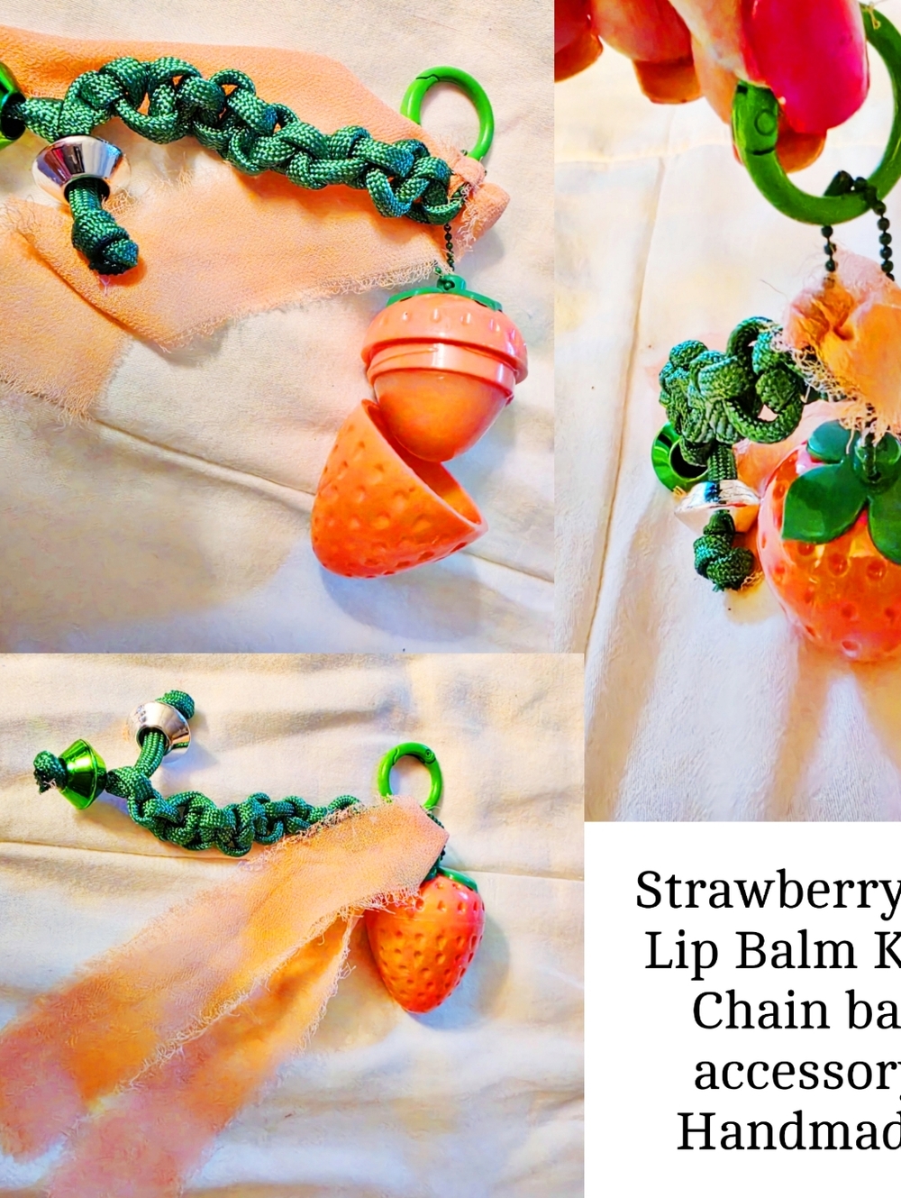 Handmade Strawberry Lip Balm Gloss Keychain Bag Charm Accessory - Picture 6 of 9